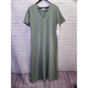 Nordstrom T-shirt Maxi Dress Womens Medium Green Side Pockets V-neck